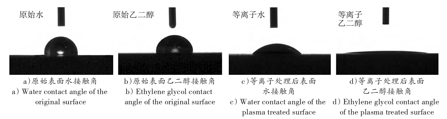 等離子處理前后丁苯橡膠地板布表面接觸角測(cè)試照片